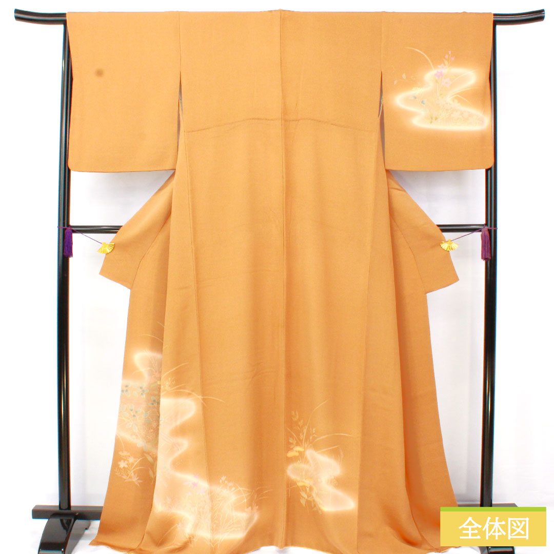 訪問着 正絹 袷 身丈168.5cm 裄丈65cm 金茶色(きんちゃいろ) ちりめん地 草花模様 Sランク 茶系 1112005902514