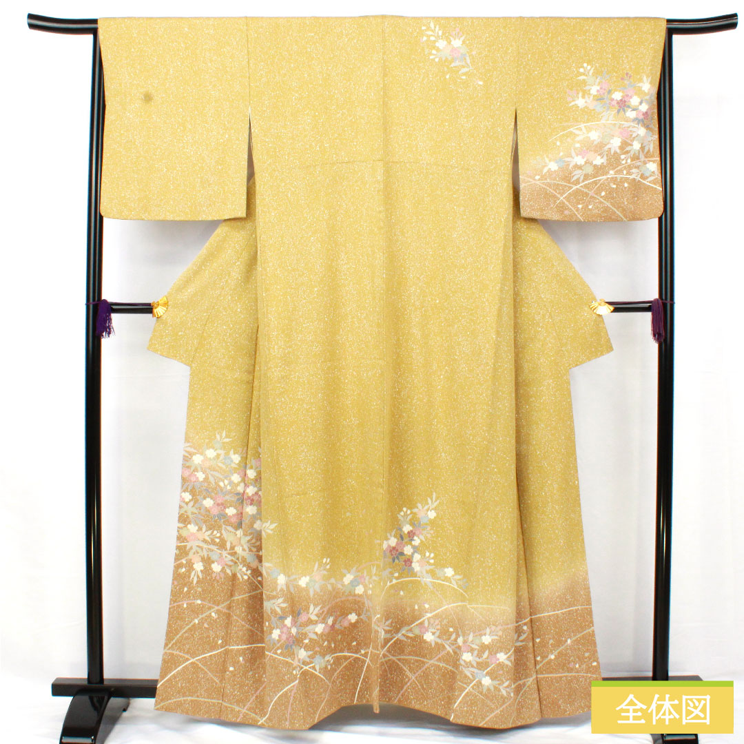 訪問着 正絹 袷 身丈160.5cm 裄丈65.5cm 梨子色(なしいろ) 京友禅 タタキ染 桜 Sランク 黄系 1112005622423