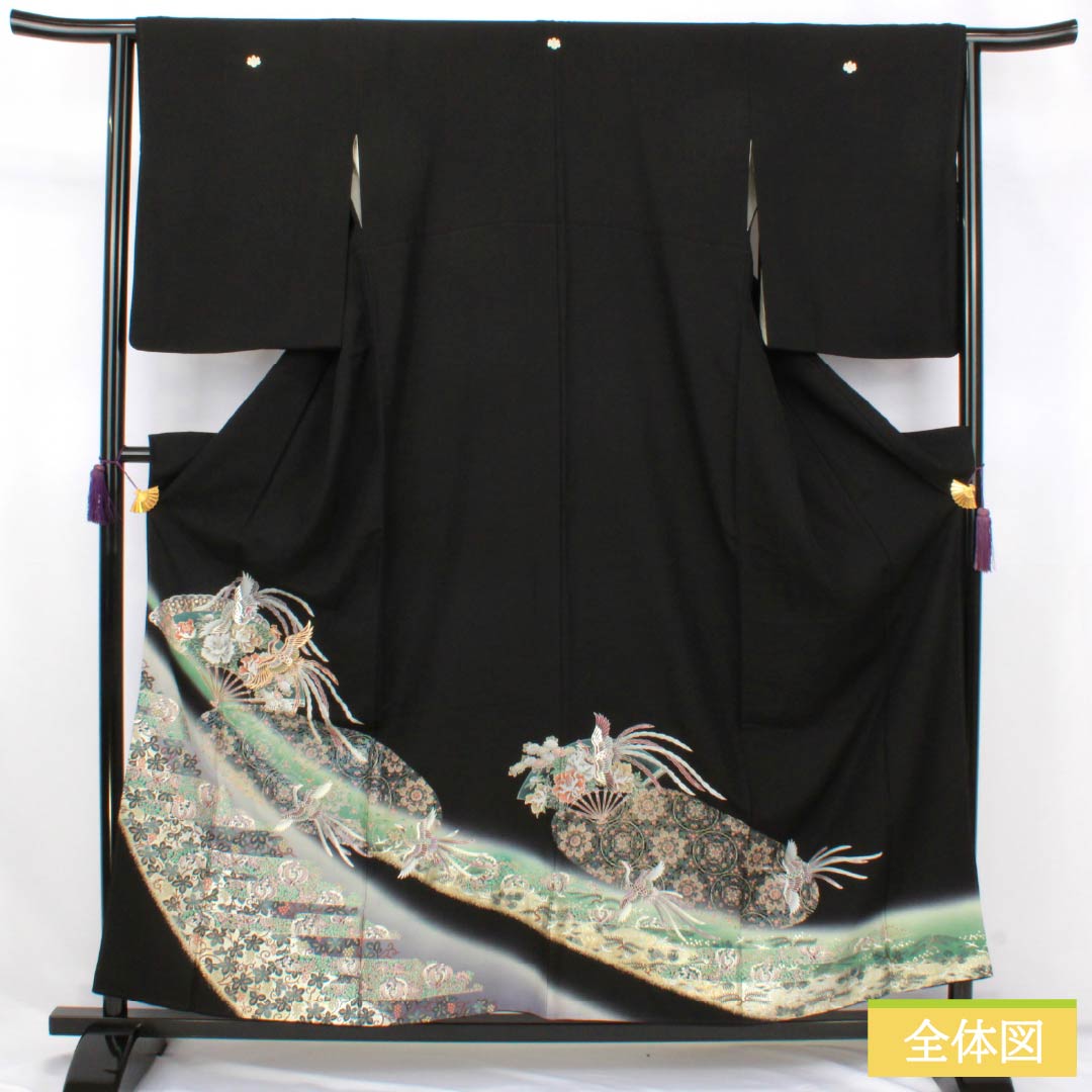 黒留袖 正絹 Aランク 身丈156cm 裄丈64cm 袷 京友禅 五つ紋 五三桐 鳳凰 扇面 五つ紋 黒系 1111002093310