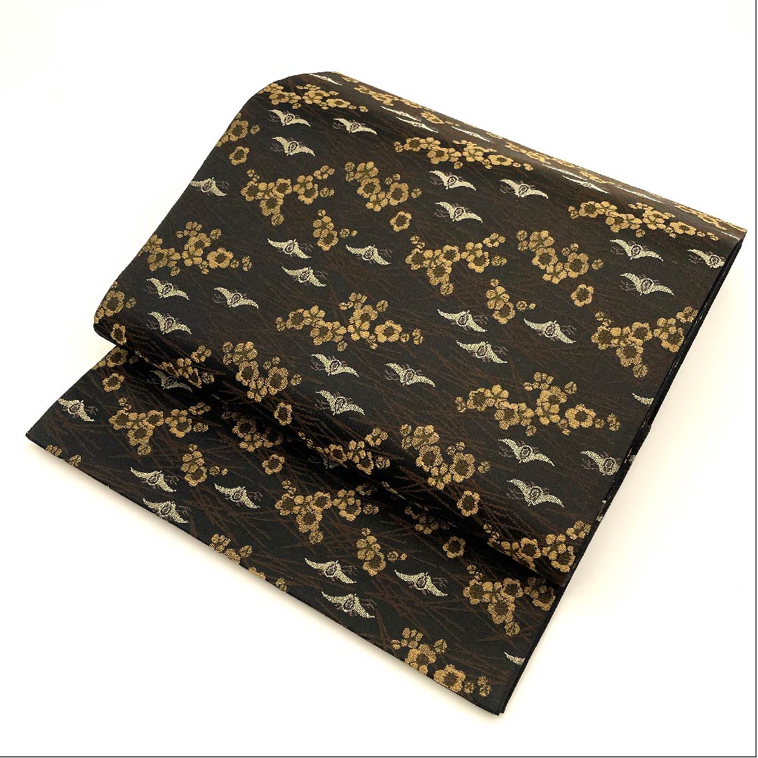 袋帯 黒色 松 梅 鳥 帯丈454cm 正絹 Sランク 全通 カジュアル 黒系 1123002852410