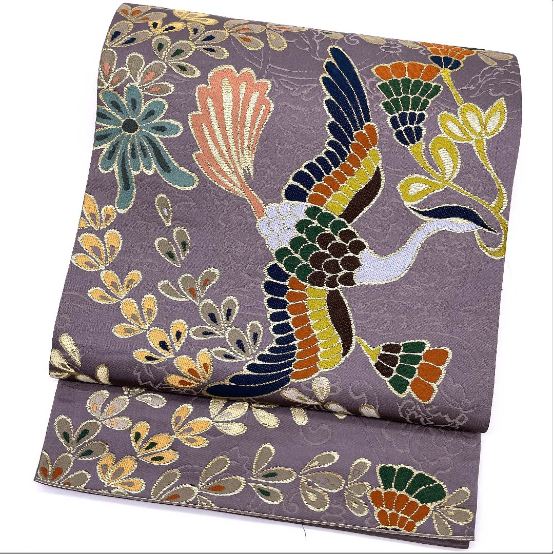 リサイクル着物】袋帯 浅滅紫色 白綾苑大庭 留袖用 振袖用 鳥 花 427cm