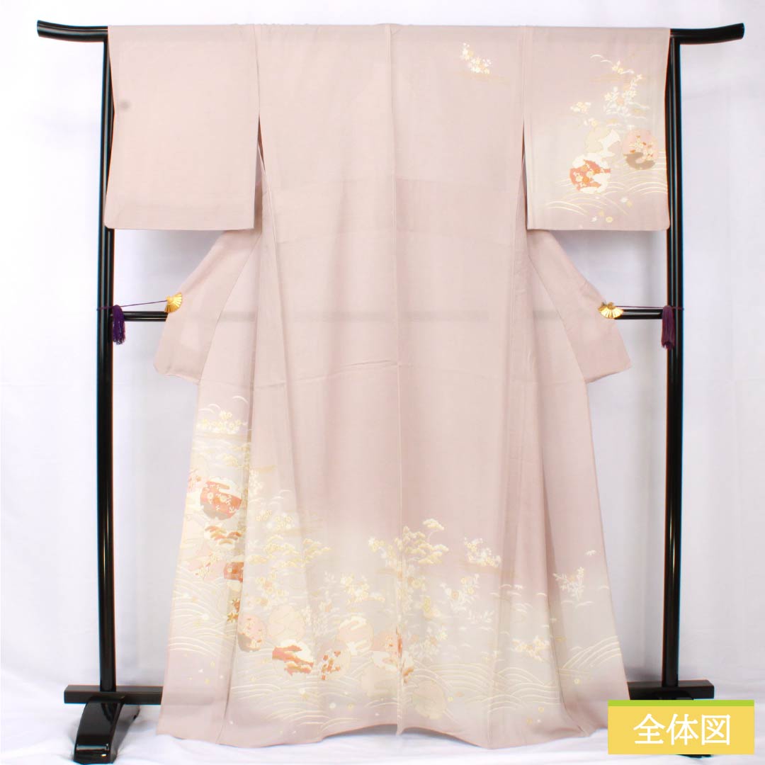 Summer pure silk formal kimono, length 165cm, sleeve length 66cm, light plum gray, Kyoto yuzen, gold leaf, snowflake, silk, A rank, gray, 1132002033522