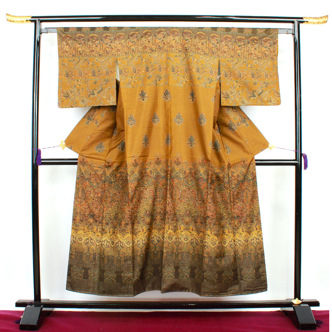 訪問着 袷 身丈151.5cm 裄丈62.5cm 沈香茶色 紬地 更紗模様 正絹 Sランク 茶系 1112001972214