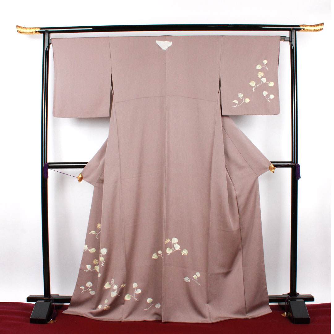 訪問着 袷 身丈164cm 裄丈67cm 桜鼠色 京友禅 葵 陰輪に細中剣片喰 正絹 Sランク グレー系 1112001772422