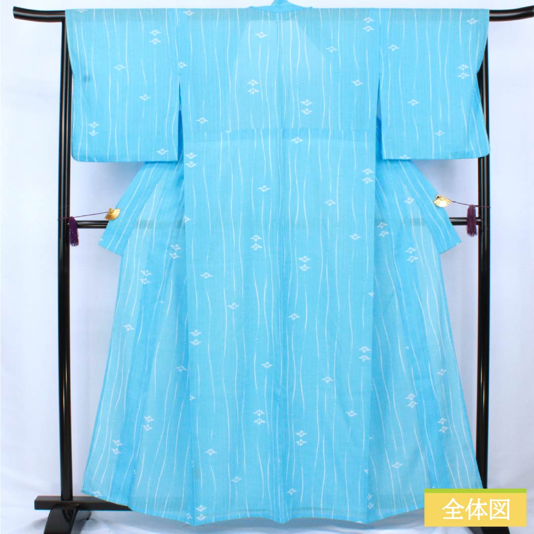 夏物 ポリエステル 小紋 身丈161cm 裄丈68cm 浅藍色(うすらんいろ) 竪絽 縞 鶴 絽 Bランク 水色系 1132002484424