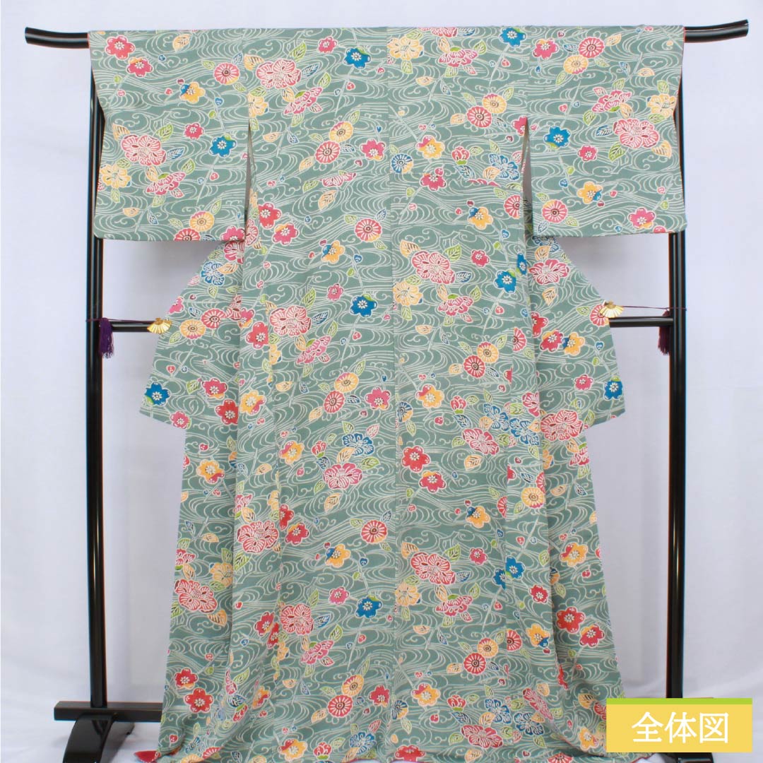 小紋 正絹 身丈169.5cm 裄丈68.5cm 袷 山藍摺色(やまあいずりいろ) 京紅型 ちりめん地 流水 草花模様 Aランク 青系 1115006163517