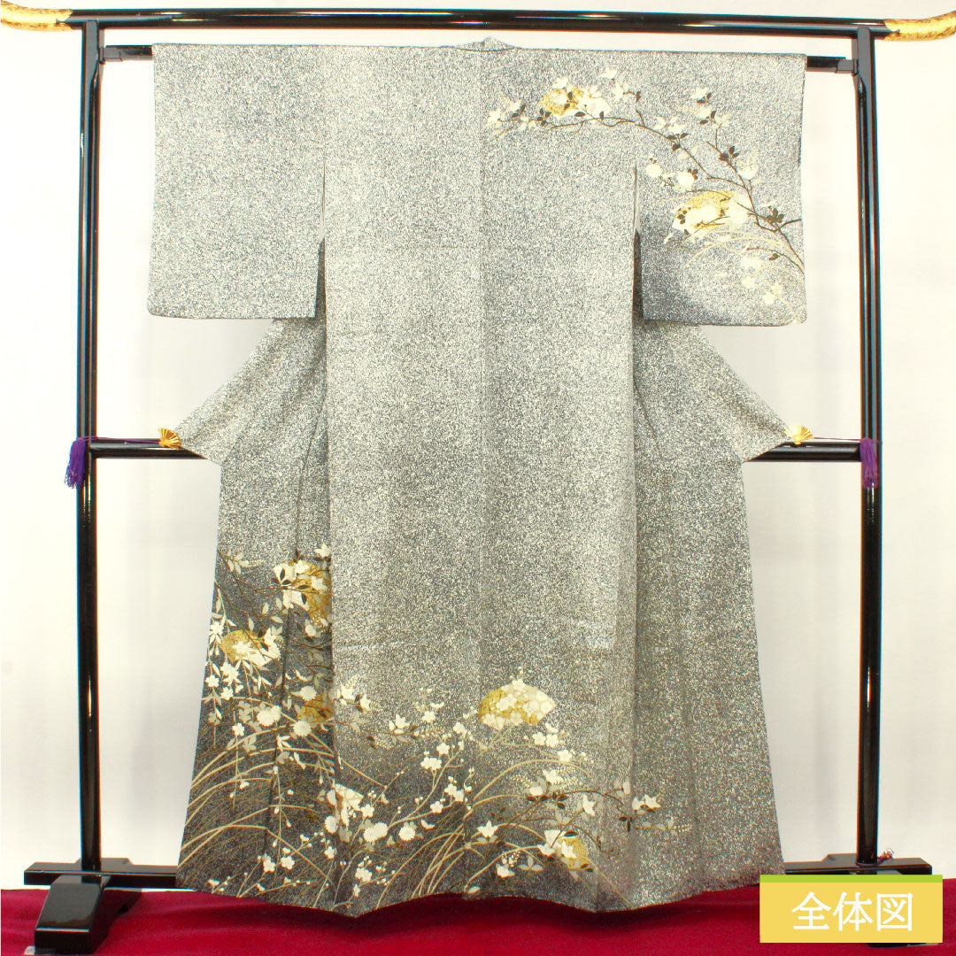 訪問着 袷 身丈160cm 裄丈62cm タタキ染 京友禅 吉祥文様 正絹 Sランク 黒系 1112003952410