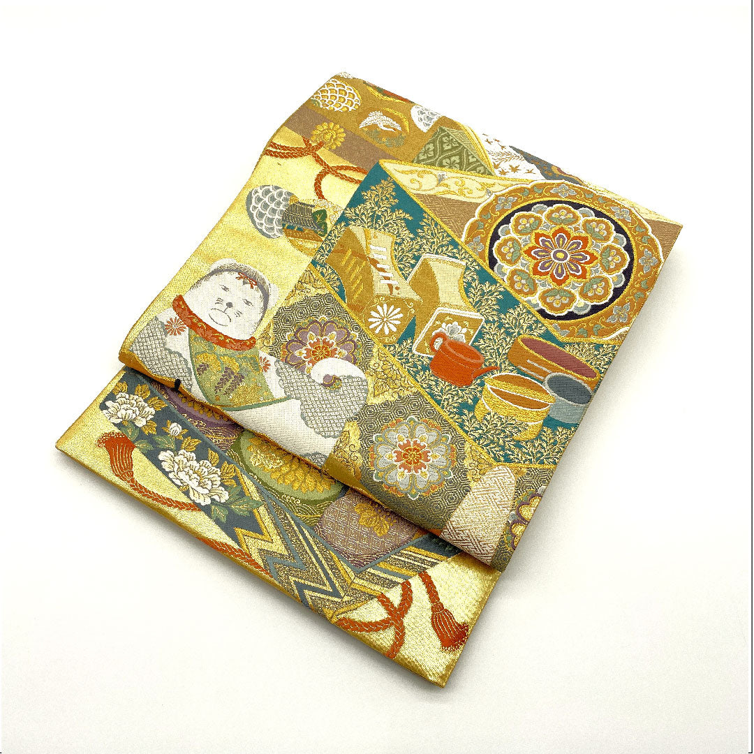 袋帯 時代人物風景 引箔 帯丈436cm 正絹 Sランク 六通 フォーマル 金系 1123005102321