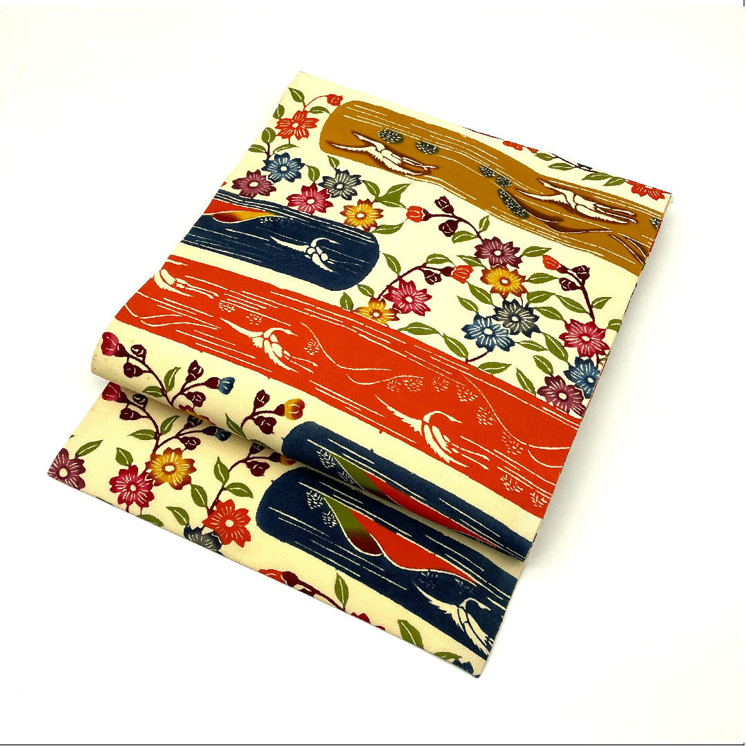 名古屋帯 型染 群鶴に枝花模様 単衣 帯丈311cm 正絹 Bランク 全通 カジュアル クリーム系 1124001404315 名古屋仕立て