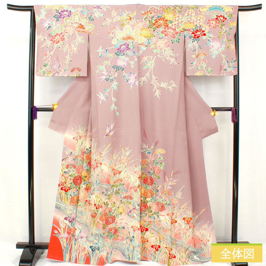 訪問着 正絹 袷 身丈164cm 裄丈63cm 葡萄色(えびいろ) 京紅型 草花模様 Aランク 紫系 1112005263420