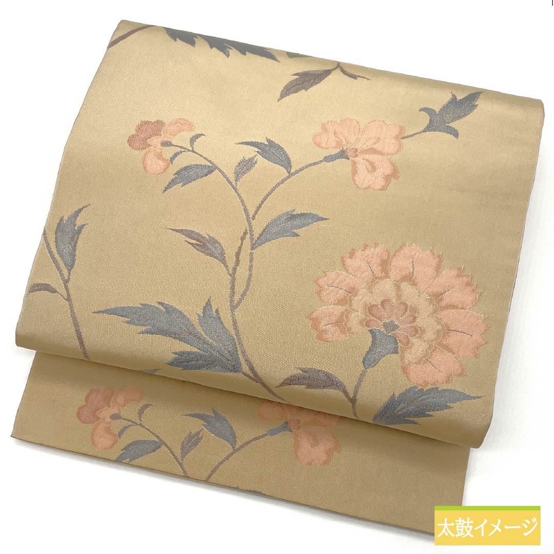 袋帯 正絹 東京白茶色(とうきょうしらちゃいろ) 花唐草 抽象花 花唐草 帯丈440cm Aランク 六通 カジュアル ベージュ系 1123012773325