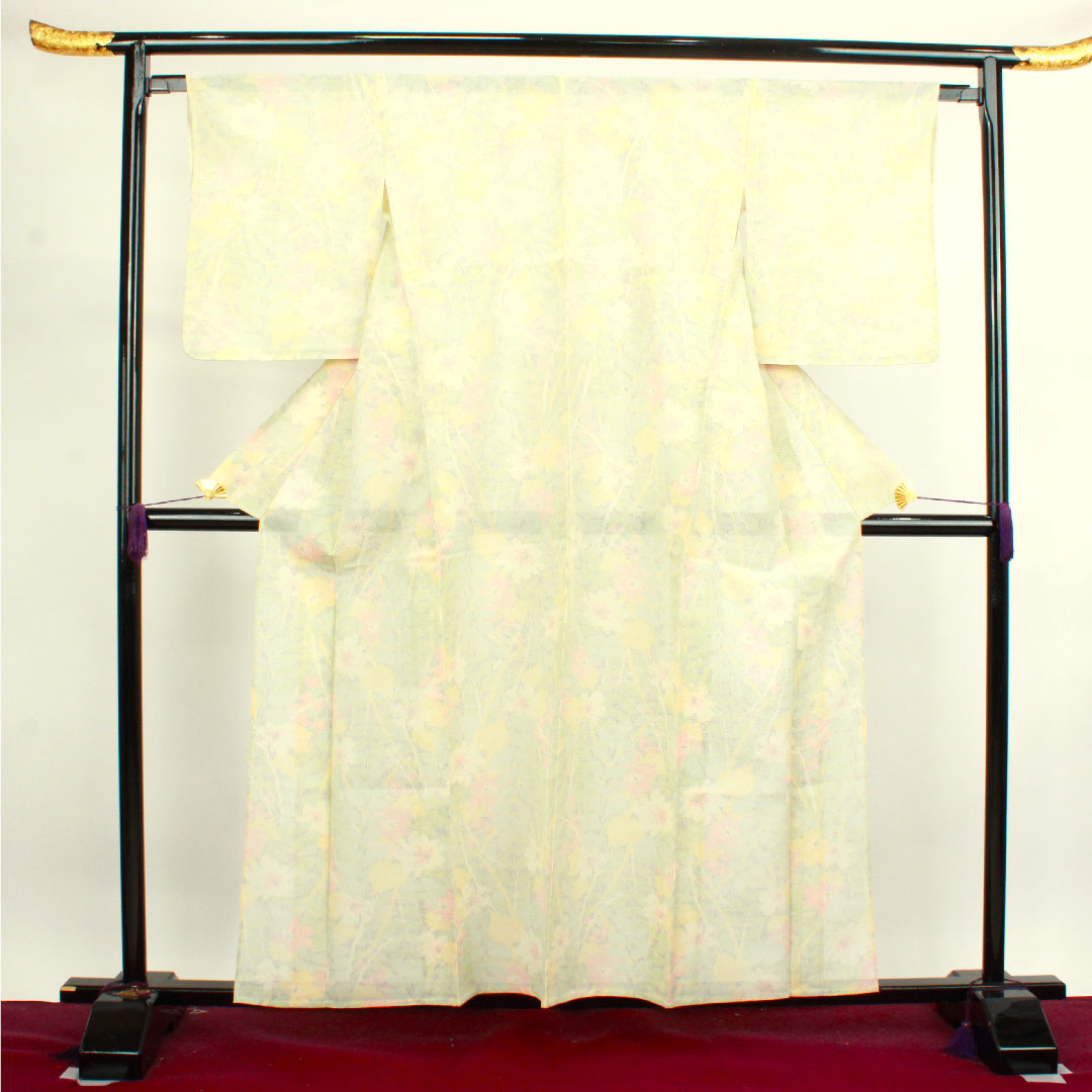 夏物 正絹 紬 身丈159cm 裄丈64cm 乳白色(にゅうはくしょく) 抽象花 しつけ糸付き 紗 Aランク クリーム系 1132000553315
