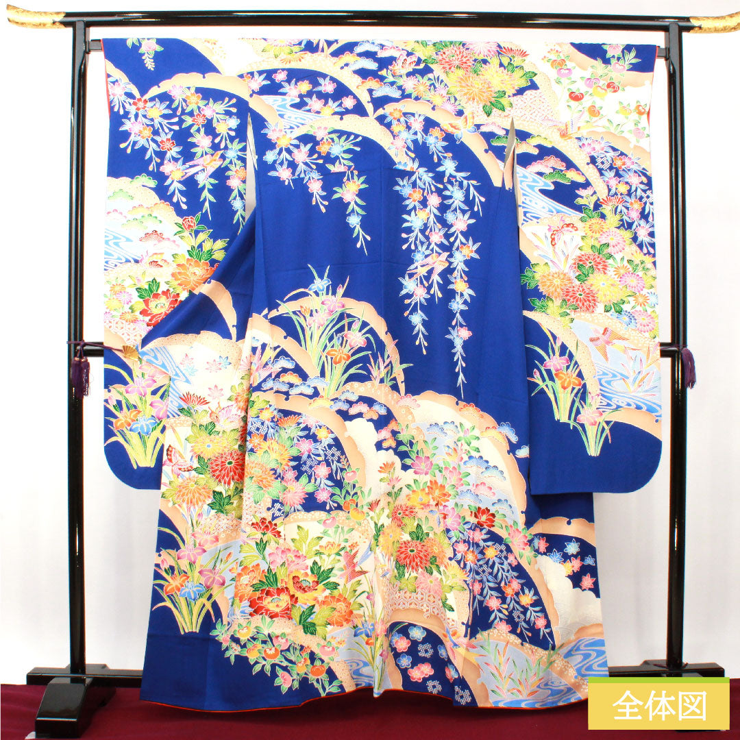 振袖 正絹 身丈161cm 裄丈67cm 袷 瑠璃色 京友禅 吉祥文様 Sランク 紺系 1113001952418