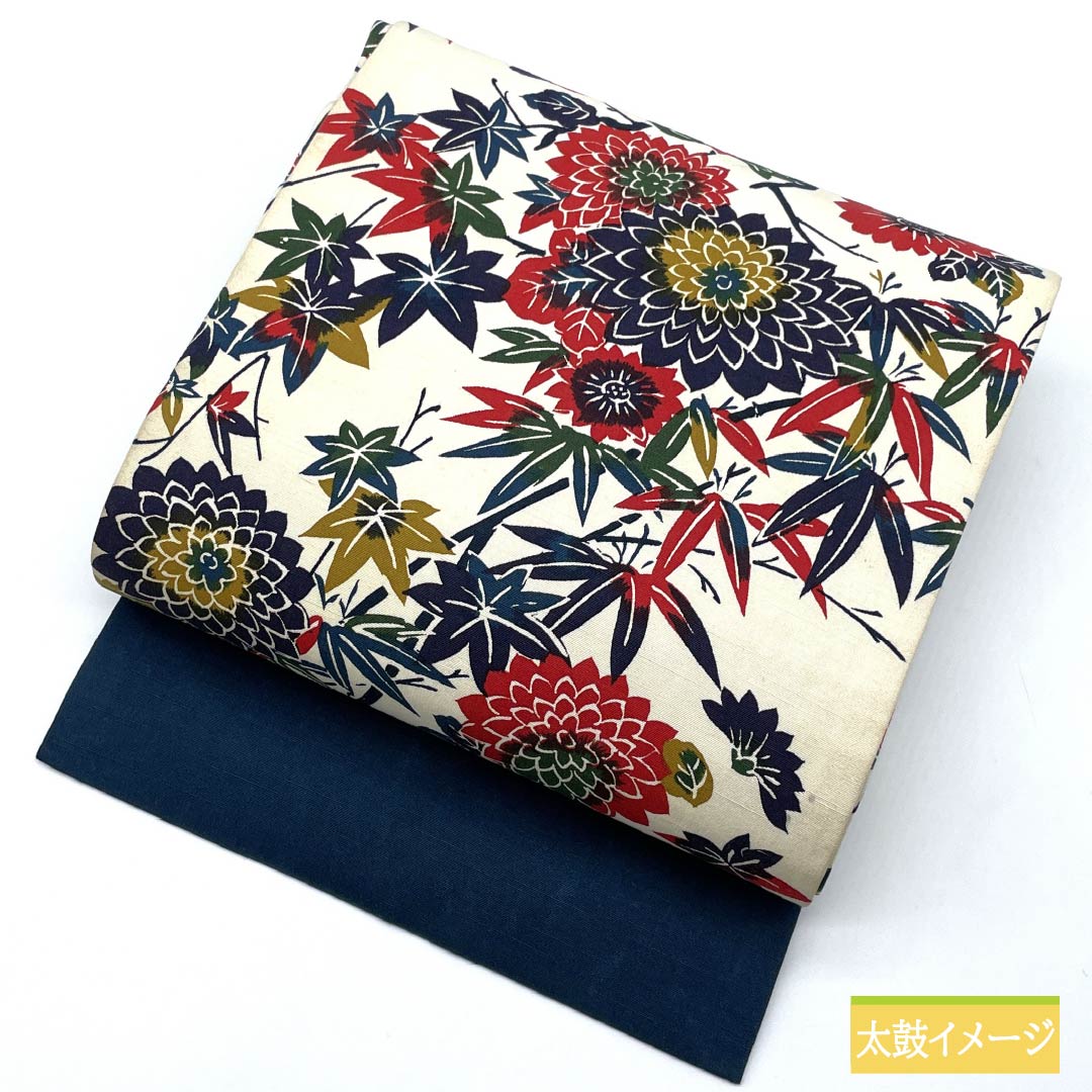 名古屋帯 生成り色(きなりいろ) 型染 菊 紅葉 帯丈352cm 木綿 Sランク 全通 カジュアル クリーム系 1124008062315 名古屋仕立て