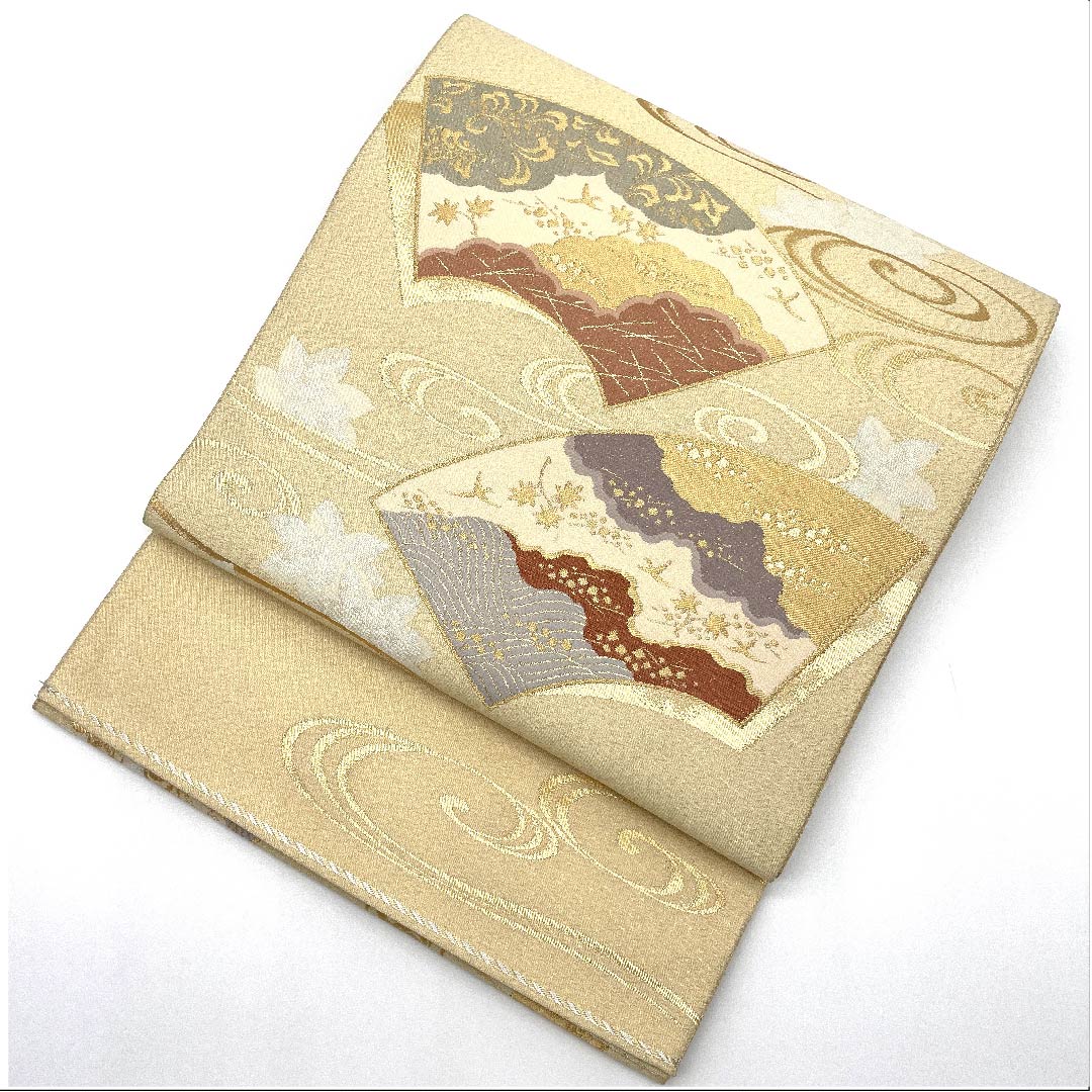 Fukuro obi (torinoko color) Kanze Ryusui (water flowing stream), fan surface, auspicious motif, obi length 436cm, pure silk, A rank, point pattern, formal, cream color, 1123007923315