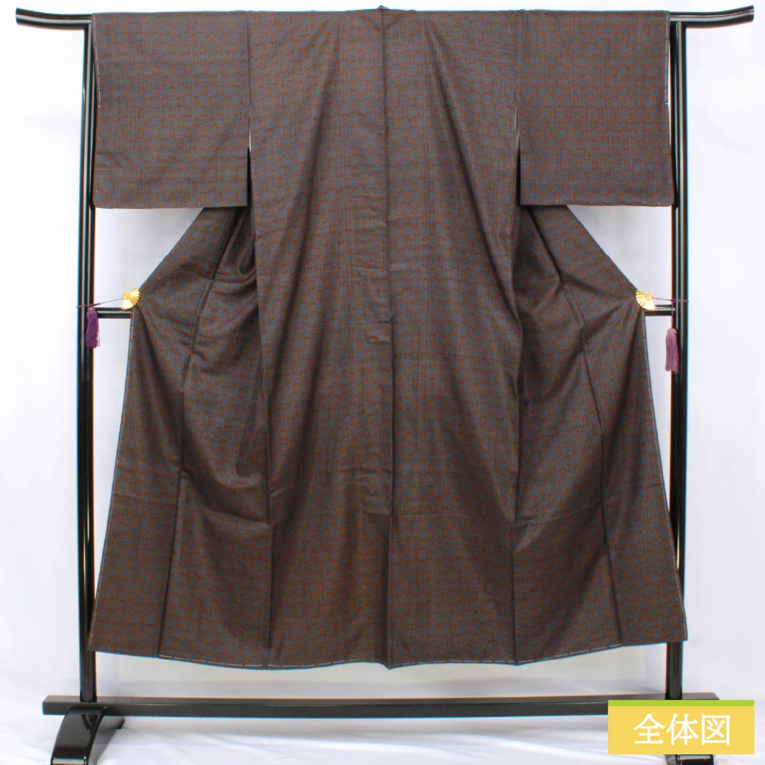 紬 正絹 Sランク 身丈148cm 裄丈63.5cm 憲法茶色(けんぽうちゃいろ) 市松 しつけ糸付き 袷 茶系 1116004802114