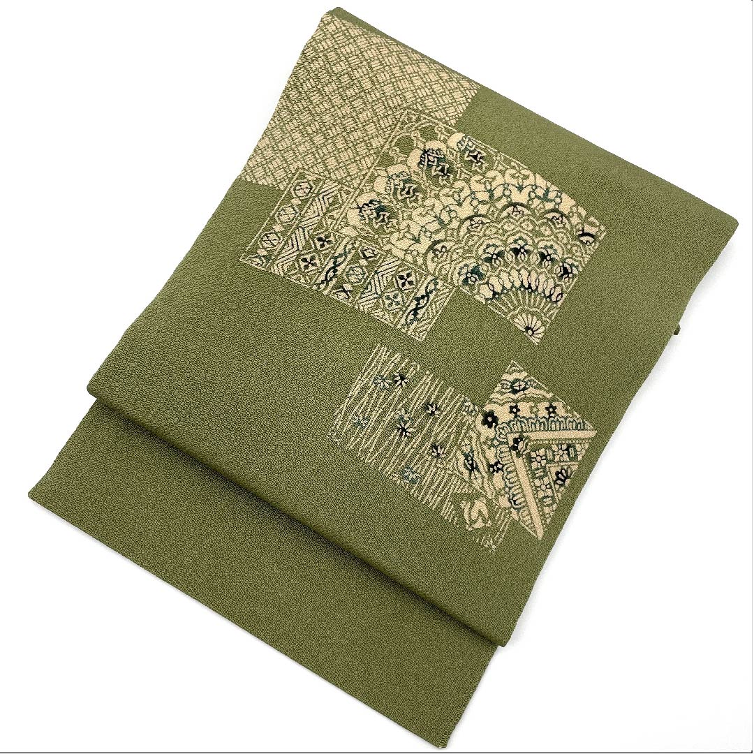 名古屋帯 麹塵色 草木染 抽象模様 帯丈379cm 正絹 美品 ポイント柄 カジュアル 緑系 1124004022319 名古屋仕立て