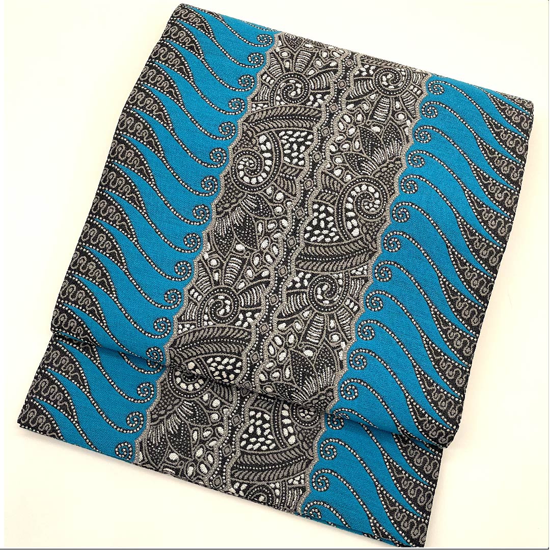 名古屋帯 活色 幾何学模様 ペイズリー柄 帯丈375.5cm 正絹 Sランク 全通 カジュアル 青系 1124005152317 開き仕立て