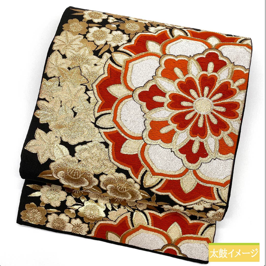 袋帯 正絹 黒色(くろいろ) 華文 桜 梅 紅葉 帯丈416cm Sランク 六通 フォーマル 黒系 1123011752310