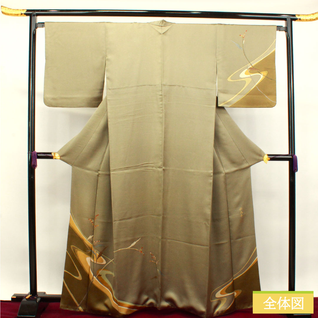 訪問着 正絹 袷 身丈162.5cm 裄丈67cm 砂色 銀通し MIKUMOコレクション 手描き ろうけつ染め 抽象模様 Aランク グレー系 1112003363422