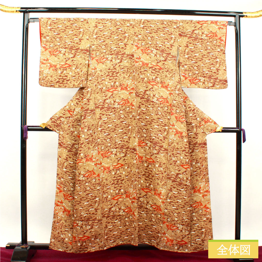 Komon, pure silk, length 157cm, sleeve length 64.5cm, lined, dark brown, Chayatsuji, Shochikubai, S rank, brown, 1115003602314