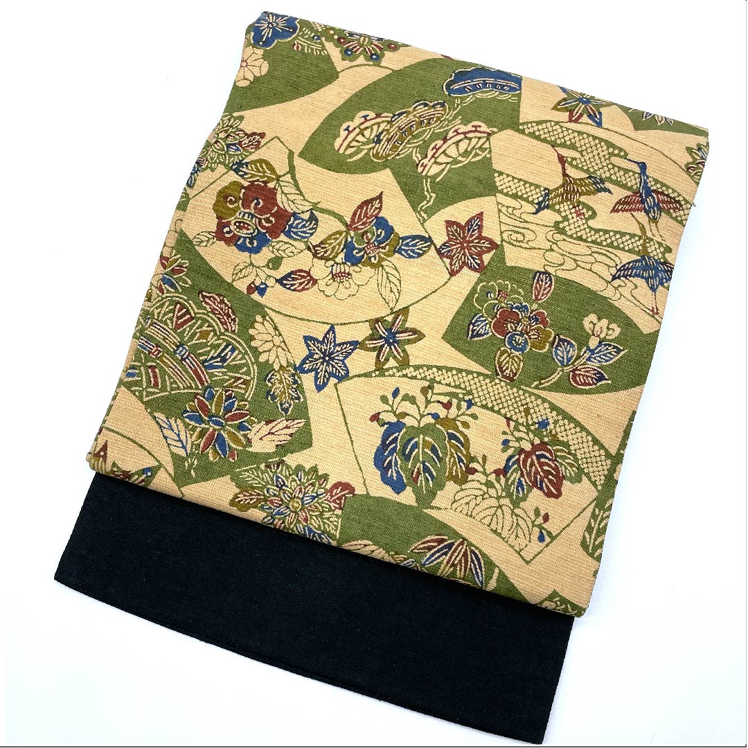 名古屋帯 薄柿色 古典柄 扇面に松竹梅 鳥 蝶 帯丈382cm 正絹 Aランク 全通 カジュアル ベージュ系 1124004613325 名古屋仕立て