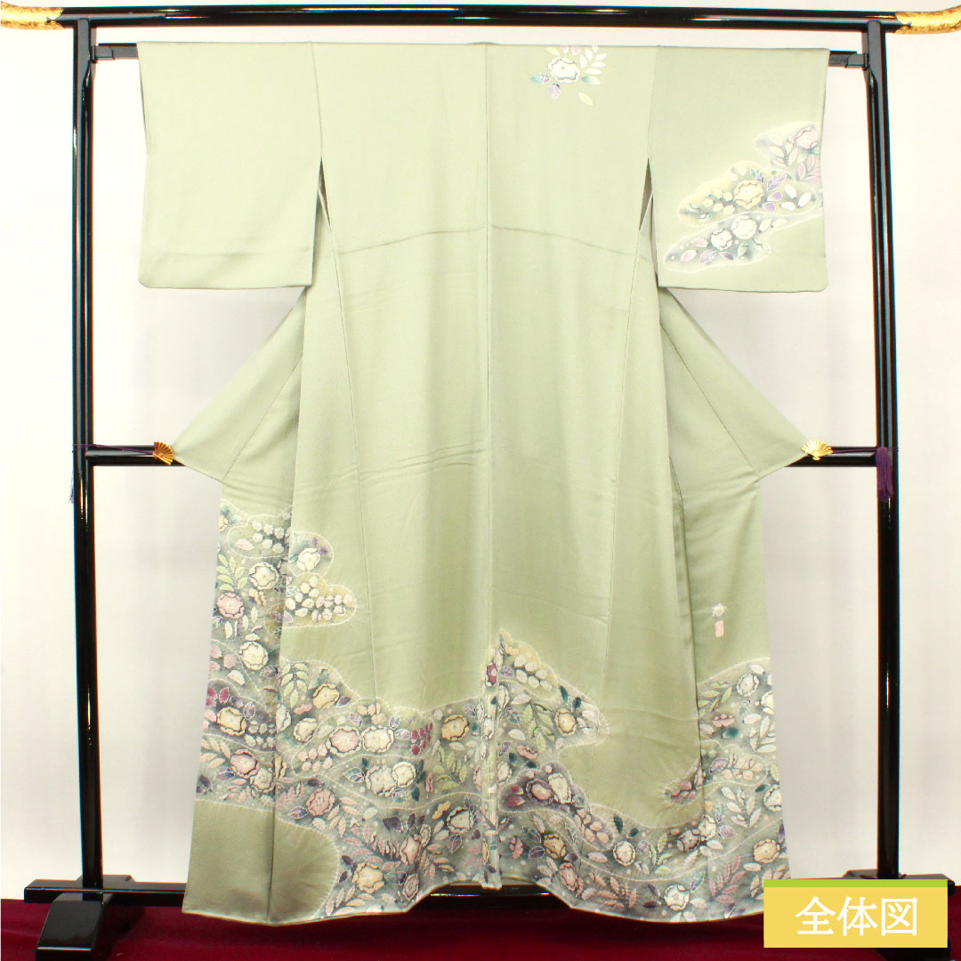 訪問着 正絹 袷 身丈158.5cm 裄丈62.5cm 薄緑色 桐屋翠山工房謹製 辻ヶ花 Aランク 緑系 1112003603319