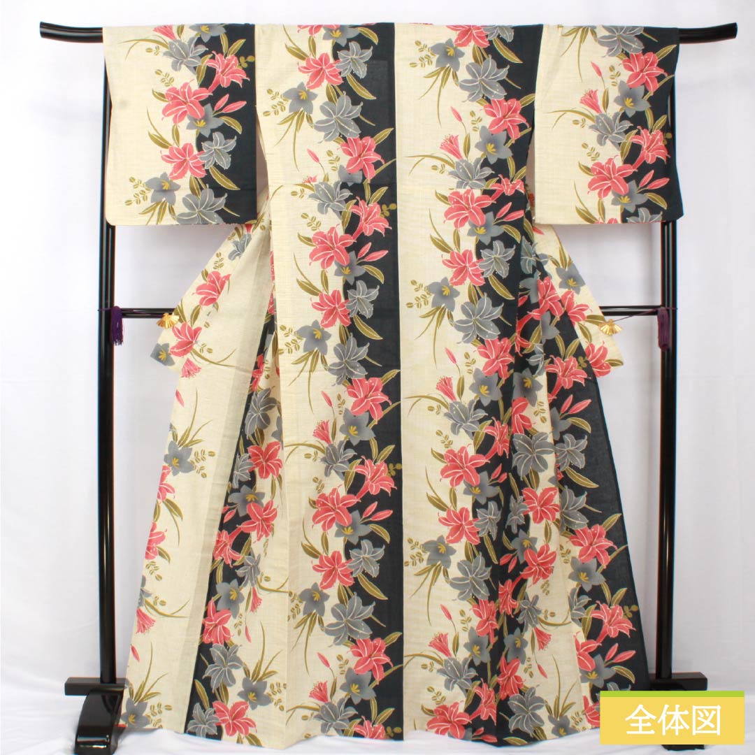 浴衣 綿麻 身丈166.5cm 裄丈69.5cm Aランク 単衣 ベージュ系 牙黄色(げおういろ) 百合 桔梗 1118005443525