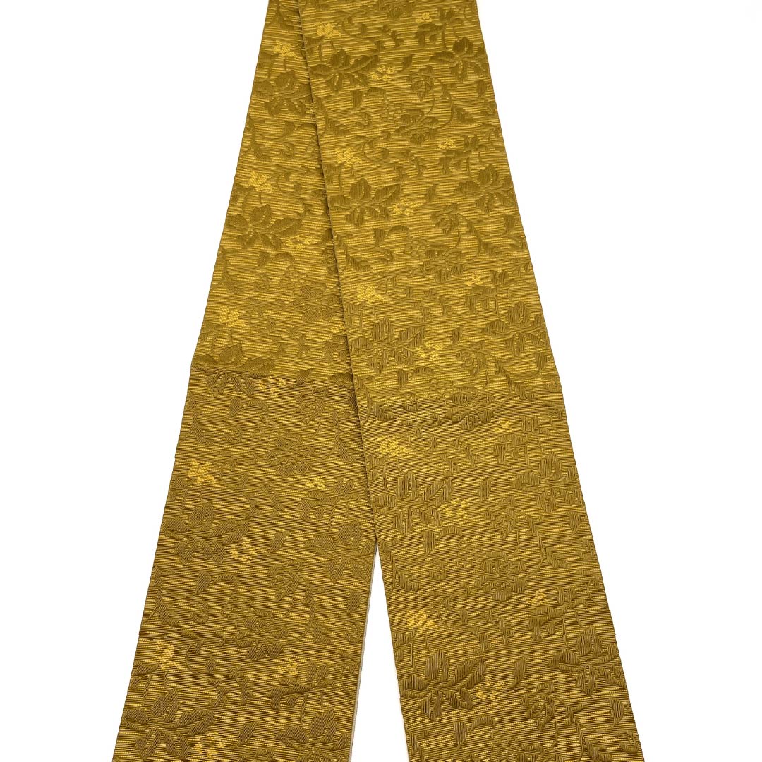 (新品)半幅帯 ポリエステル NEWランク 黄土色(おうどいろ) 茅色(かやいろ) 唐花模様 縞 リバーシブル 帯丈400cm 茶系 1125002751414