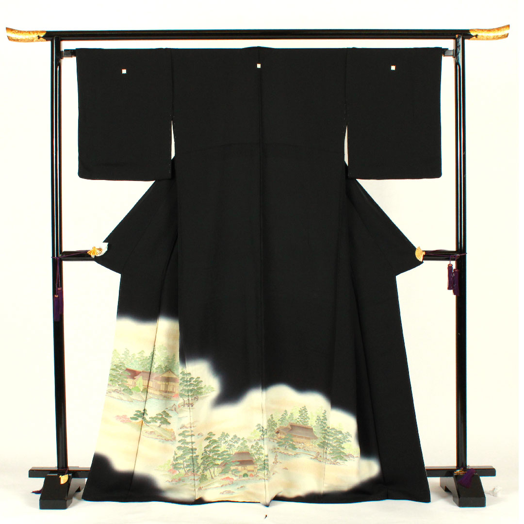 黒留袖 身丈170.5cm 裄丈67cm 袷 寿光織 風景模様 並び切り竹 正絹 Aランク 五つ紋 黒系 1111000303610