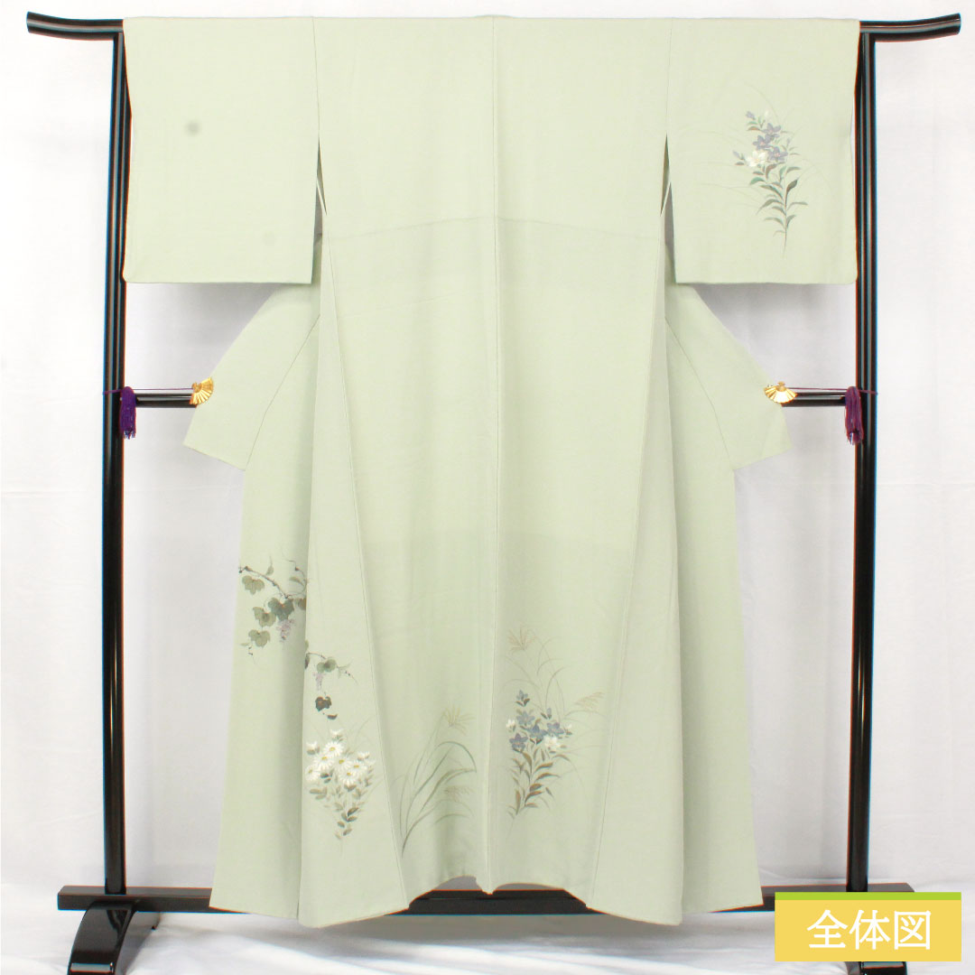 訪問着 正絹 袷 身丈155cm 裄丈65cm 白緑色(びゃくろくいろ) 草花模様 スコッチガード 付下げ Aランク 水色系 1112005453324