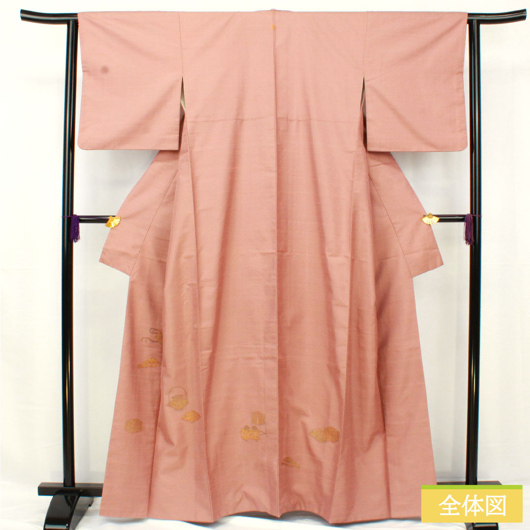 訪問着 正絹 袷 身丈162.5cm 裄丈62.5cm 帯紅色(たいこうしょく) 紬地 一つ紋 丸に角立四ツ目 付下げ Sランク 紫系 1112005572420