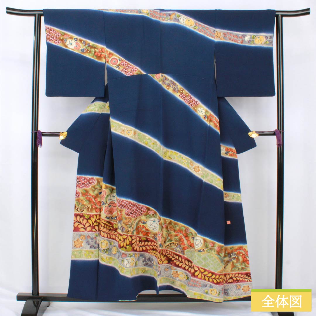 訪問着 正絹 Sランク 袷 身丈155cm 裄丈63cm 紺色(こんいろ) ちりめん地 辻ヶ花 紺系 1112006292318