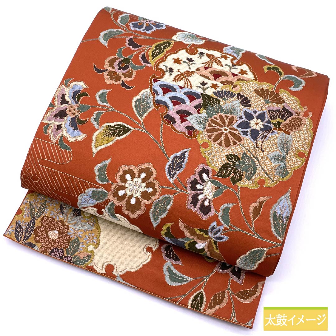 袋帯 正絹 紅柿色(べにかきいろ) 留袖用 白綾苑大庭 雪輪 花模様 帯丈436cm Sランク 六通 フォーマル 橙系 1123014402326