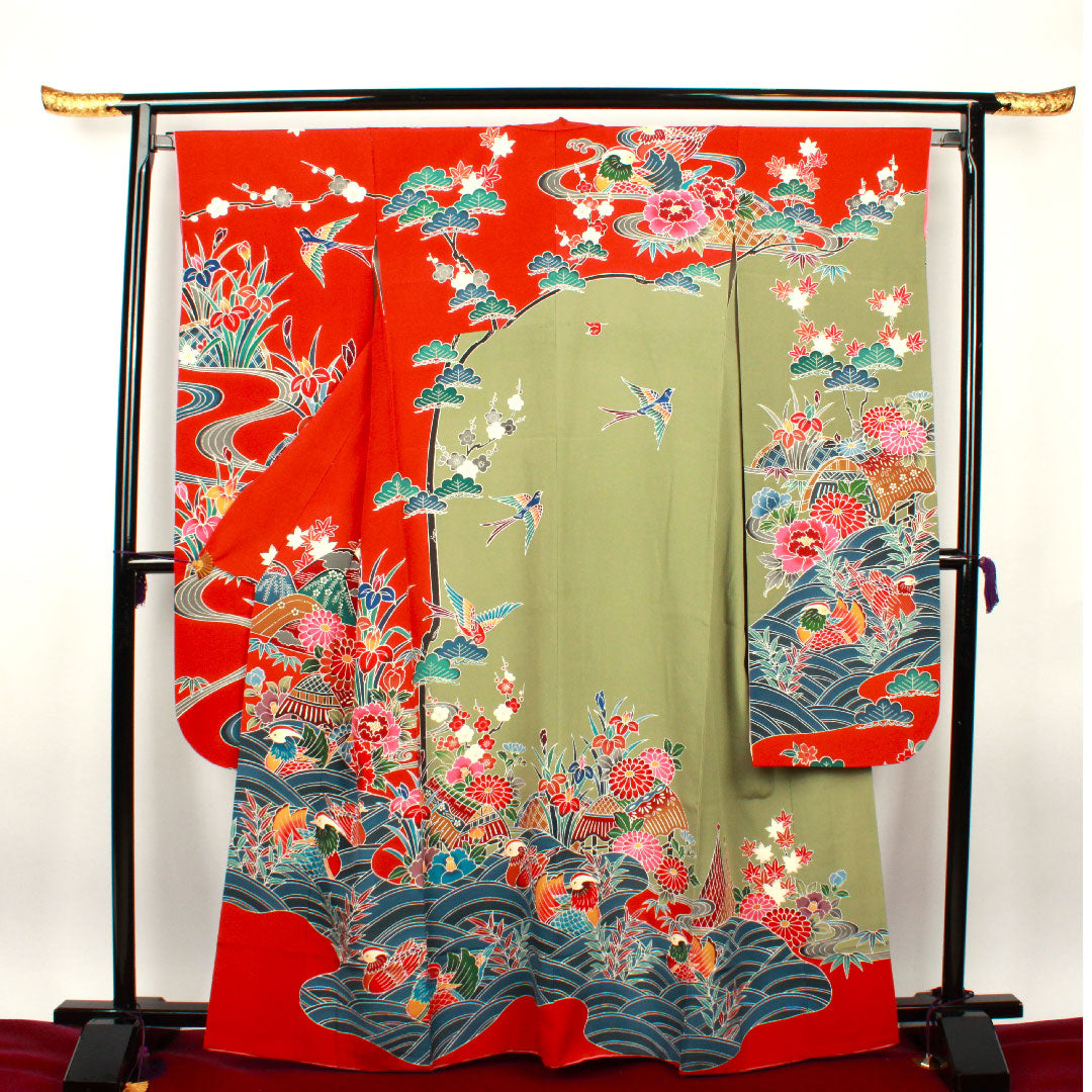 振袖 身丈165cm 裄丈65.5cm 袷 栗梅色 京紅型 鴛鴦 松竹梅 正絹 Sランク 赤系 1113000902512