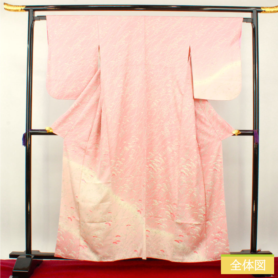 訪問着 正絹 袷 身丈159cm 裄丈64cm 一重梅色 草花模様 Aランク ピンク系 1112004133313