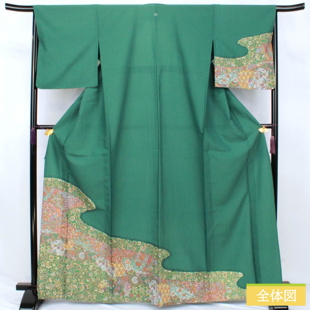 Formal Kimono, Polyester, Rank A, Unlined, Length 166.5cm, Sleeve-to-sleeve 66.5cm, Moe-gi Green, One Family Crest (Kage-tsuta), Stencil-dyed, Arabesque, Washable Kimono, Green Tones, 1112007613519