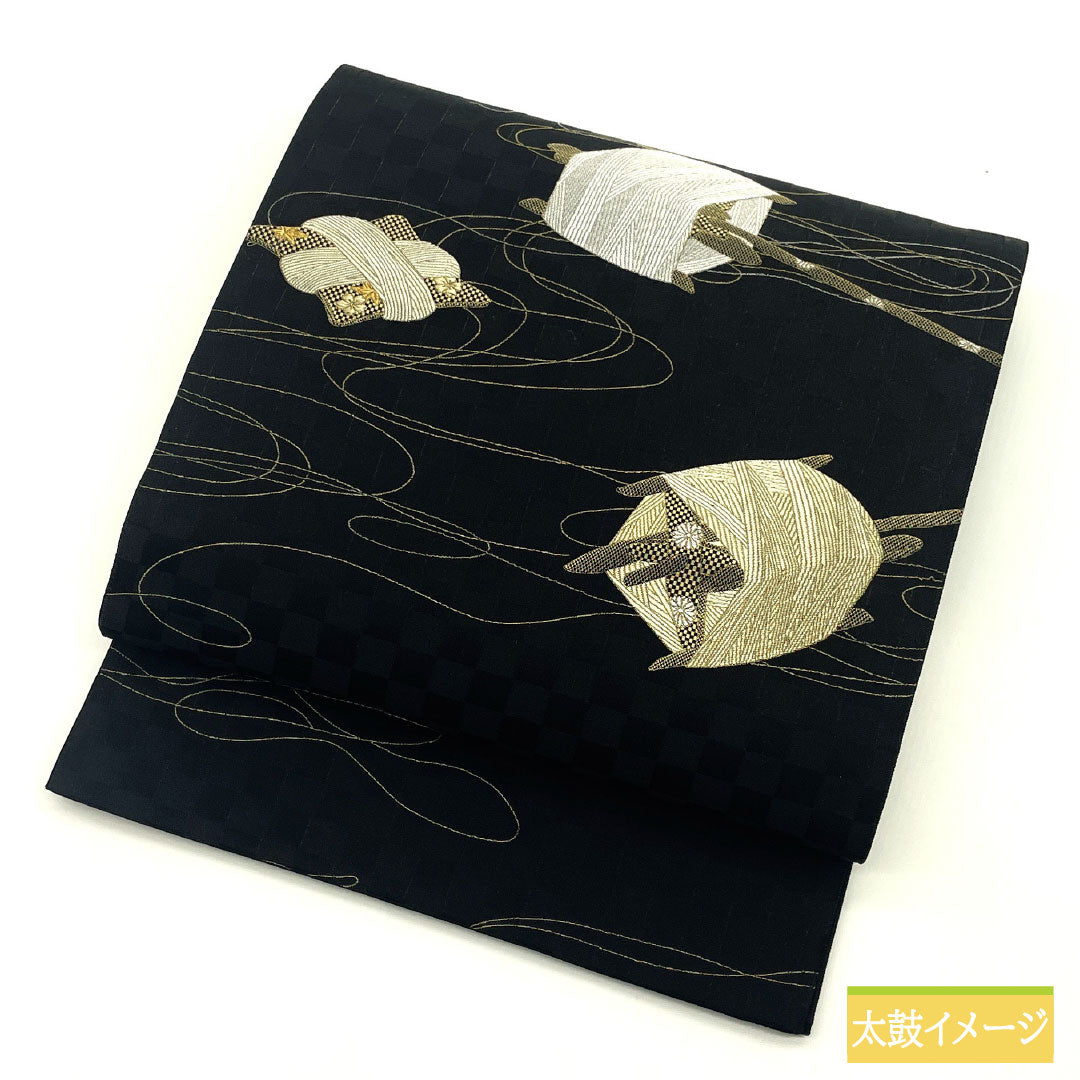 袋帯 正絹 Sランク 紫紘 西陣織 糸巻き 証紙番号2300 帯丈452cm ポイント柄 セミフォーマル 黒系 1123016872410