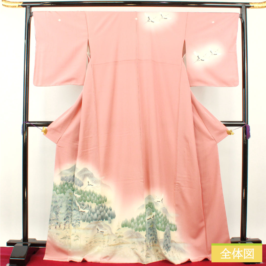 訪問着 正絹 袷 身丈170.5cm 裄丈69.5cm 一重梅色(ひとえうめいろ) 京友禅 比翼仕立て 風景模様 鶴 三つ紋 Sランク ピンク系 1112004612613