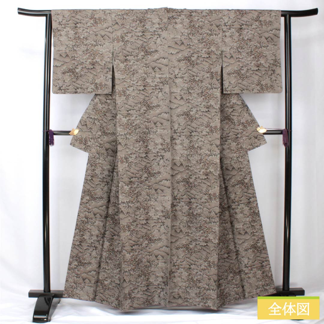 紬 正絹 身丈160.5cm 裄丈62.5cm 銀煤竹色(ぎんすすたけいろ) 風景模様 Aランク 袷 グレー系 1116003863422