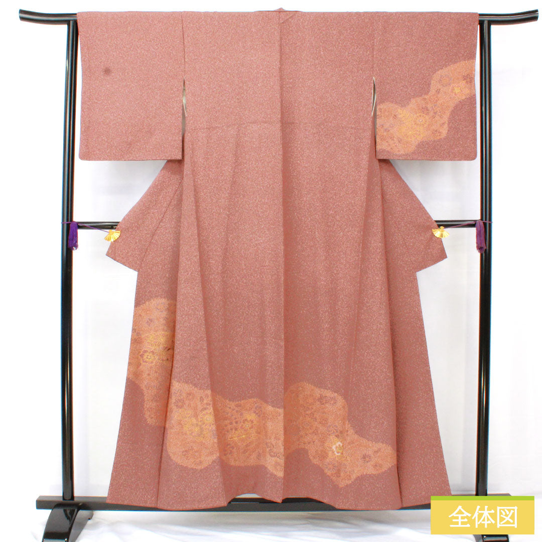 訪問着 正絹 袷 身丈153cm 裄丈63cm 小豆鼠色(あずきねずいろ) 草花模様 部分刺繡 Sランク 茶系 1112005752214