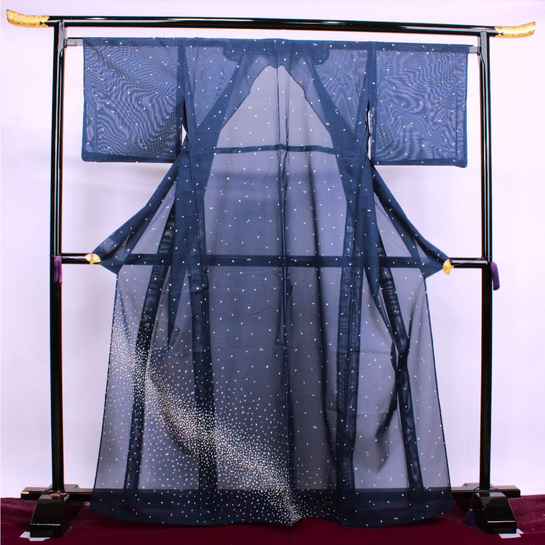 夏物 ポリエステル 訪問着 身丈166.5cm 裄丈66.5cm 韓藍色(からあいいろ)幾何学模様 絽 Aランク 紺系 1132000073518