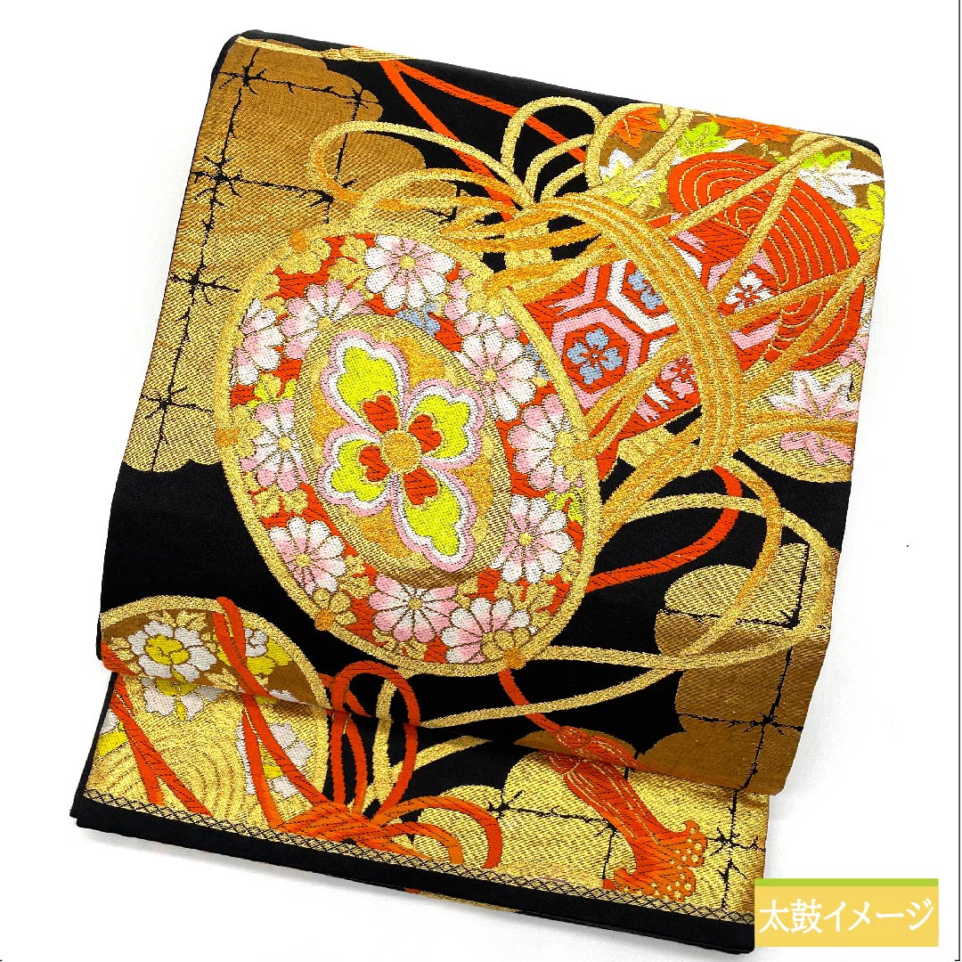 袋帯 正絹 黒色(くろいろ) 鼓 亀甲 七宝 紅葉 帯丈424cm Sランク 六通 フォーマル 黒系 1123011802310