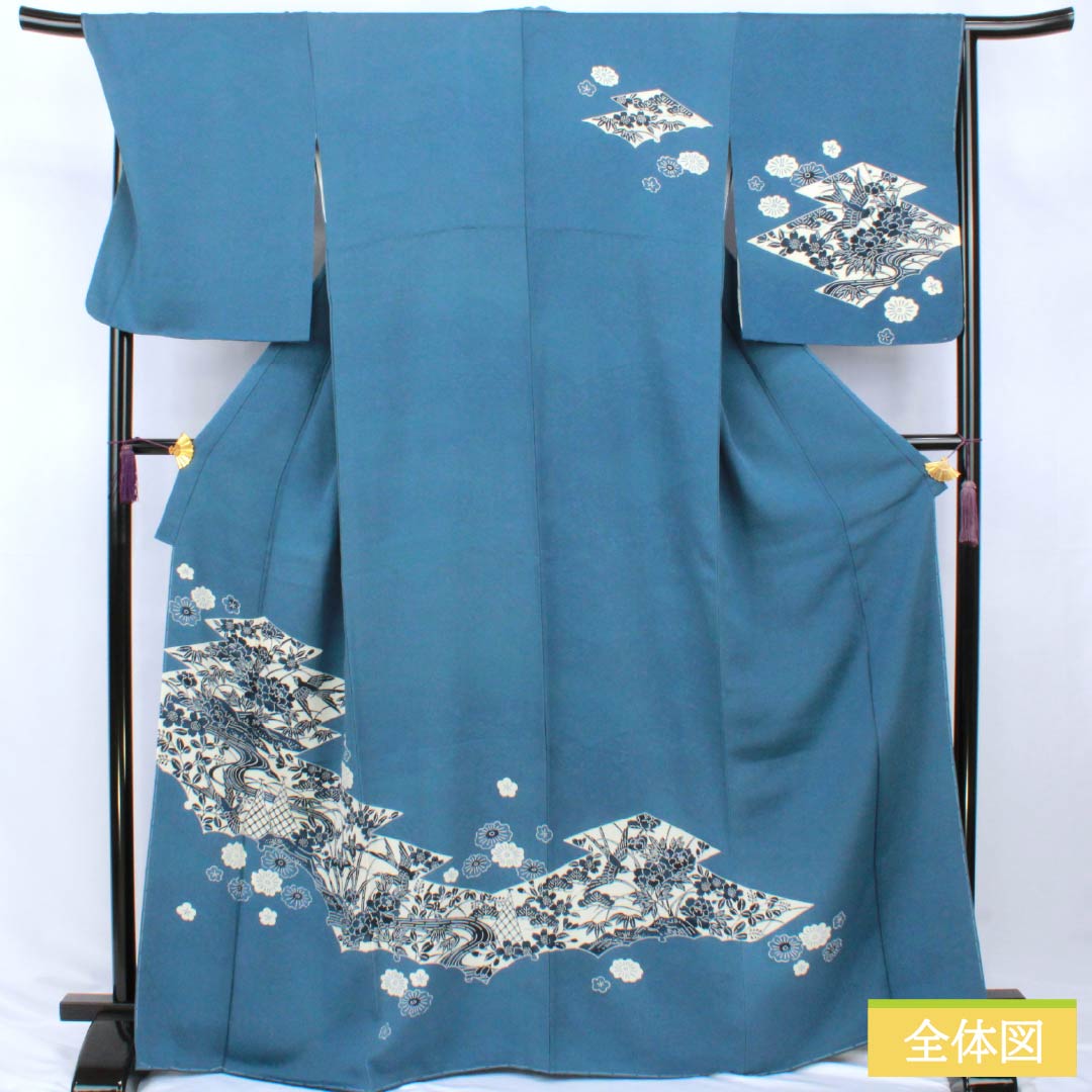 訪問着 正絹 Sランク 袷 身丈166.5cm 裄丈69cm 裏色(うらいろ) 藍型 浜ちりめん 風景模様 しつけ糸付き ソフトガード加工 青系 1112007692517
