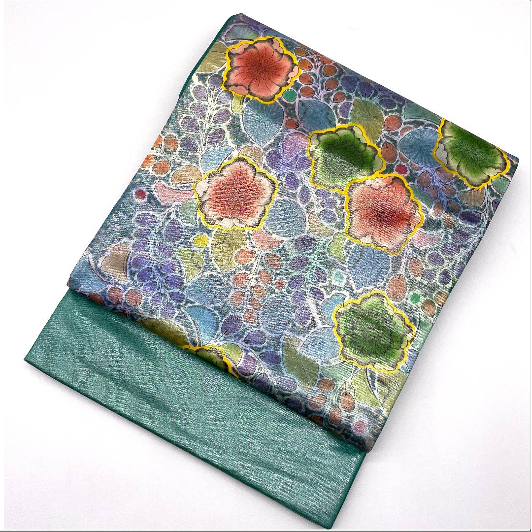 袋帯 千種色(ちぐさいろ) 銀通し 辻ヶ花 帯丈428cm 正絹 Sランク ポイント柄 セミフォーマル 緑系 1123008822319