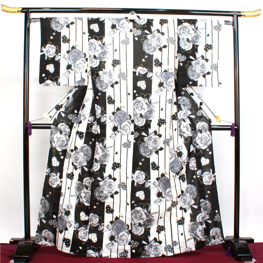 浴衣 しつけ糸付き 未使用品 モノトーン 薔薇 ハート 木綿 Sランク 単衣 身丈165.5cm 裄丈66cm グラデーション系 1118002902599