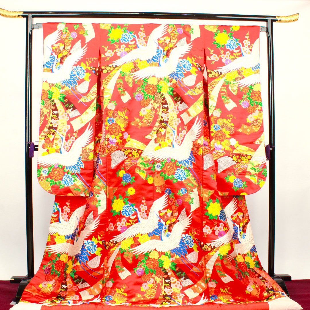 色打掛 身丈193cm 緋色 唐織 熨斗 鶴 正絹 Aランク 袷 朱系 1110000273916
