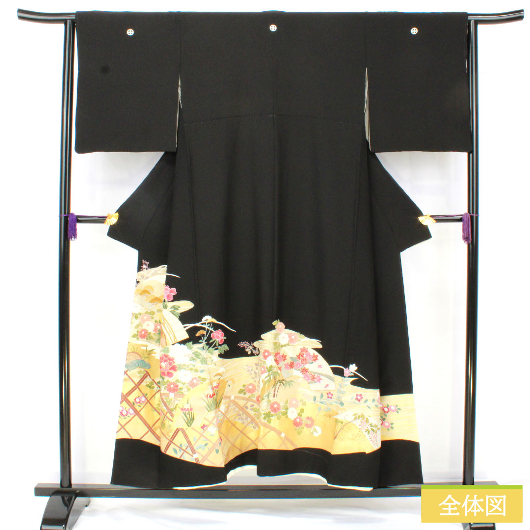 黒留袖 正絹 身丈150cm 裄丈64cm 袷 京友禅 吉祥文様 五つ紋 轡十字(くつわじゅうじ) Sランク 黒系 1111001772110