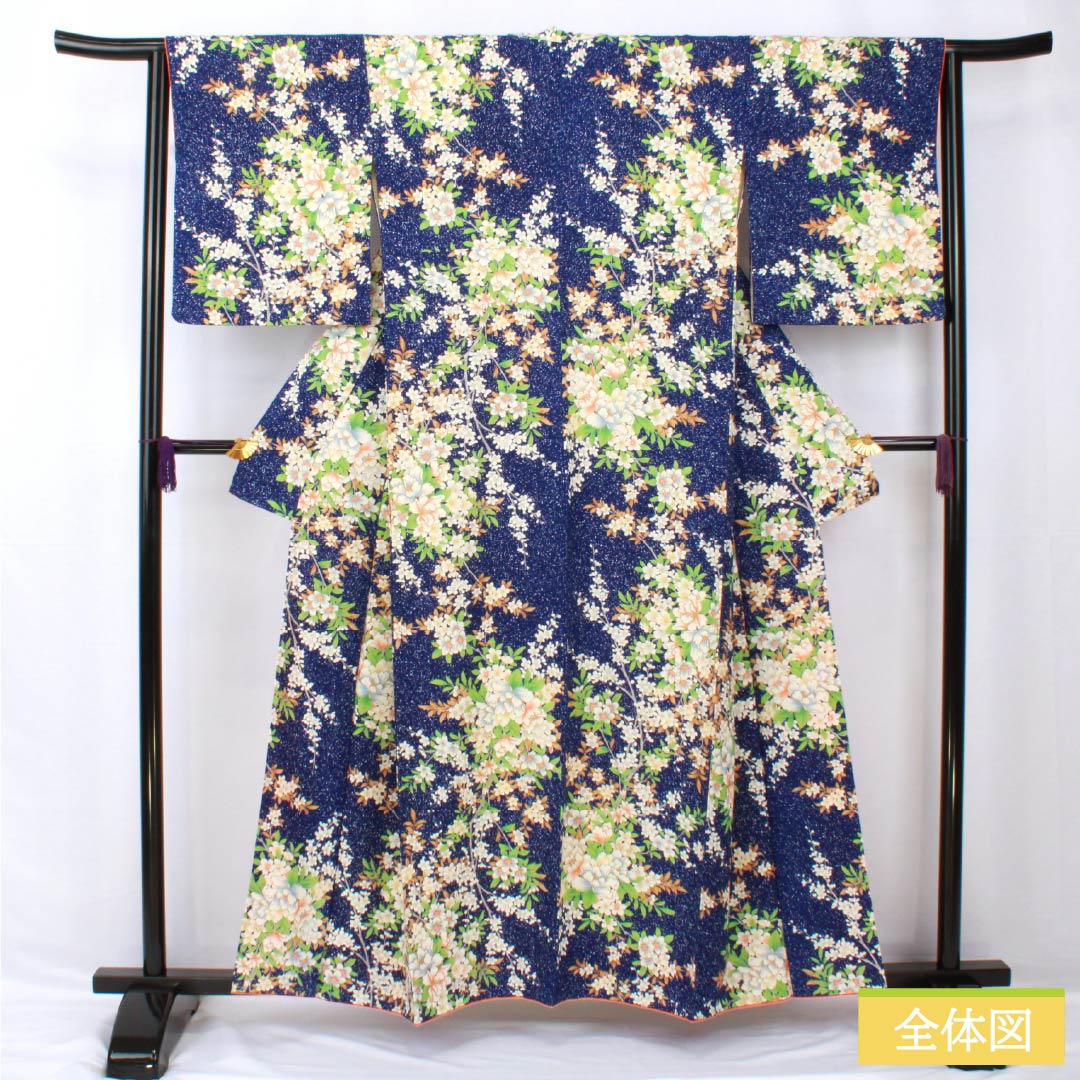 Small pattern, pure silk, length 158cm, sleeve length 63cm, lined, lapis lazuli, stencil dyeing, all-flower pattern, with basting thread, S rank, navy blue, 1115005372318
