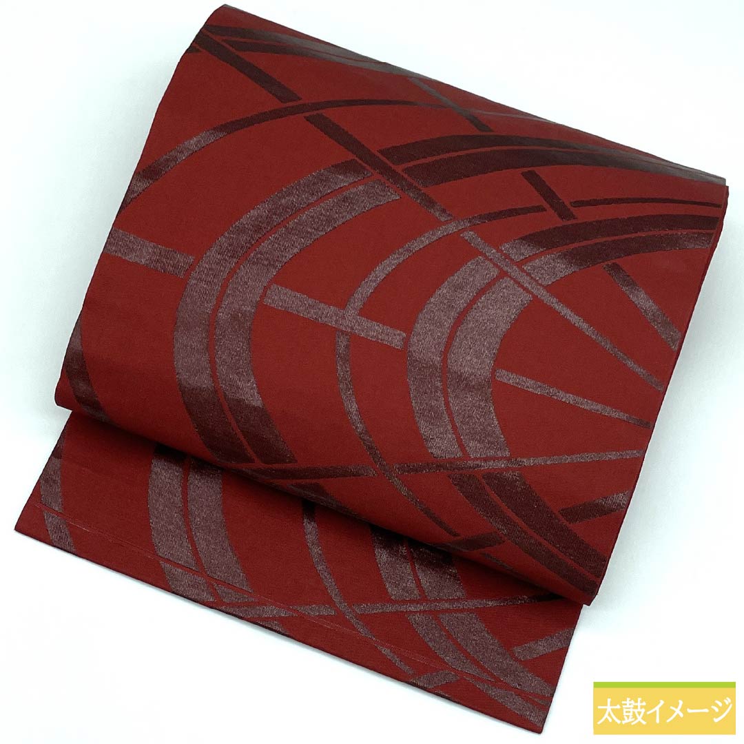 名古屋帯 正絹 Sランク 生臙脂色(しょうえんじいろ) うるし箔 番傘 帯丈353cm 六通 カジュアル 朱系 1124010502316 名古屋仕立て